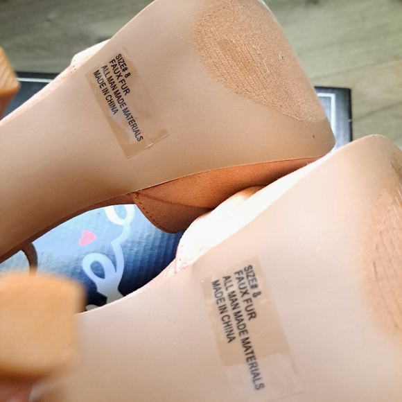 Qupid | Blush suede pu~ tan/Pinkish open toed heels with ankle strap and Pom Pom - Picture 10 of 10